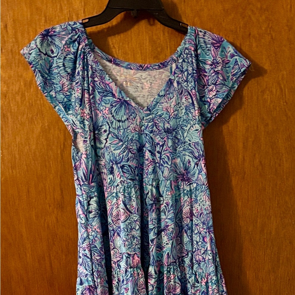 Floral V-Neck Tiered Women's Dress in Blue and Pink